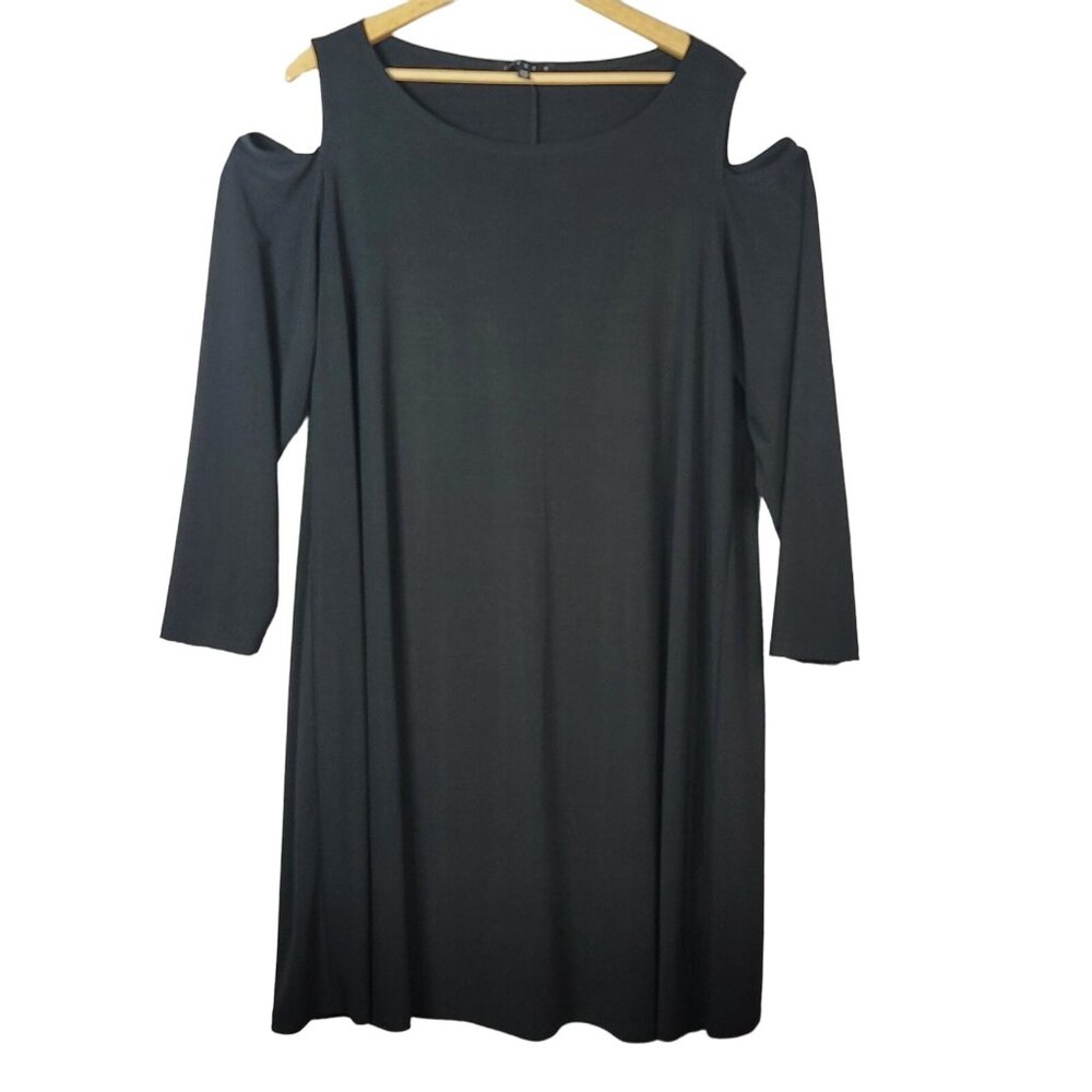 Tiana B Cocktail Dress Black 1X Cold Shoulder Knee Length Trapeze Stretchy Shift
